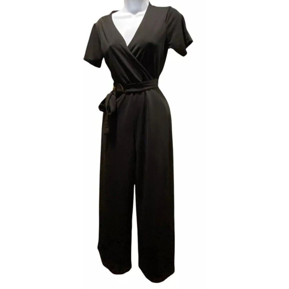 Haute Monde Jumpsuit M Wide Leg Belted Jumpsuit Crossbody Short Sleeve Black